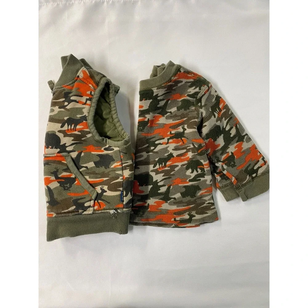 OshKosh B'gosh Boys Camo Bear Deer Bird Reversible Vest & Long Sleeve Shirt 1T